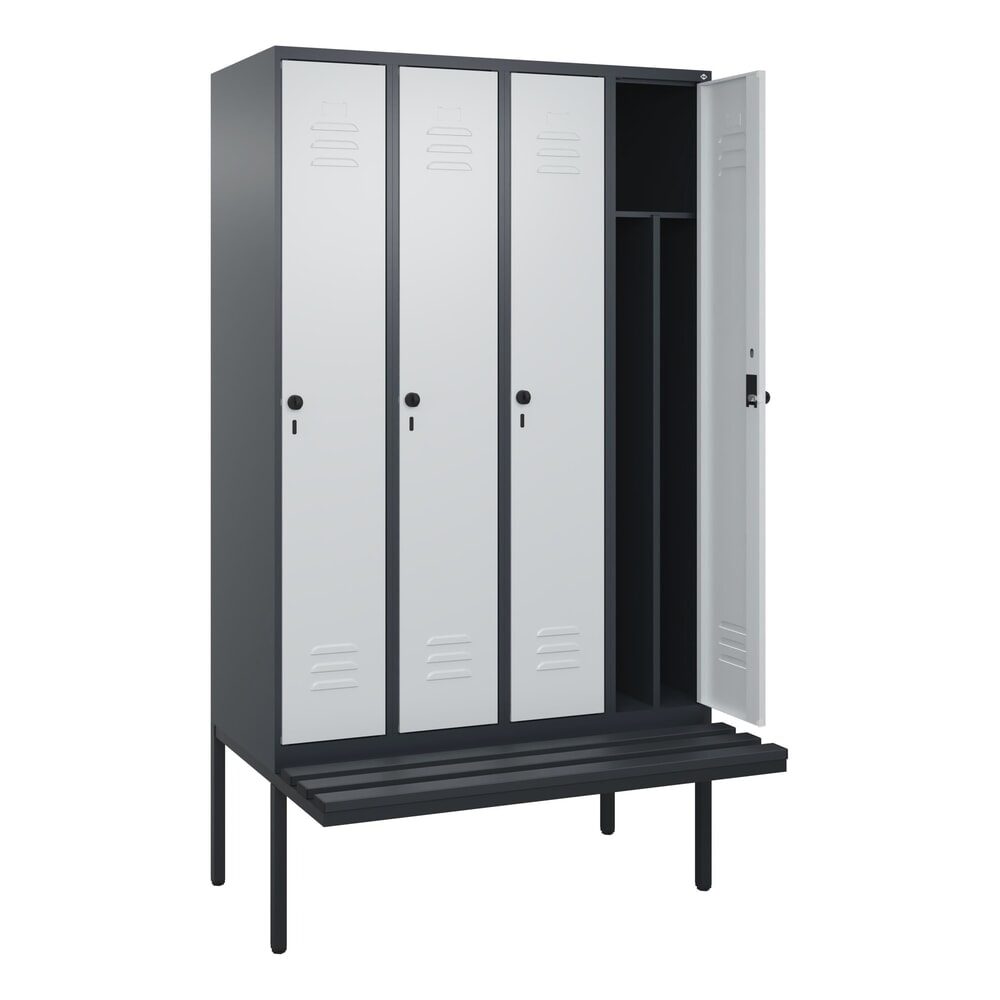 C+P Spind Classic PLUS, 4 Abteile, Trennwand, HxBxT 2.120 x 1.200 x 815 mm, für Vorhängeschloss, auskragende Bank aus Kunststoff, anthrazitgrau, lichtgrau