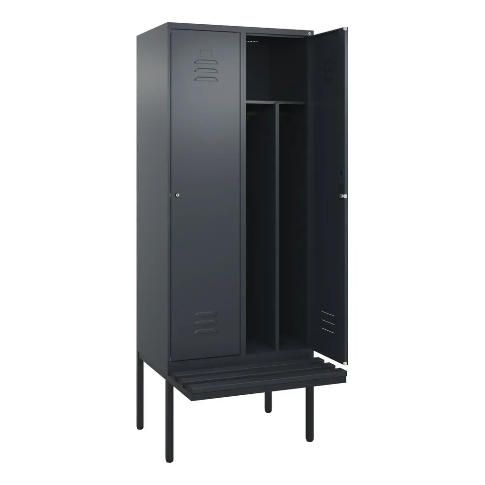 C+P Spind Classic PLUS, 2 Abteile, Trennwand, HxBxT 2.120 x 800 x 815 mm, Zylinderschloss, auskragende Bank aus Kunststoff, anthrazitgrau, anthrazitgrau