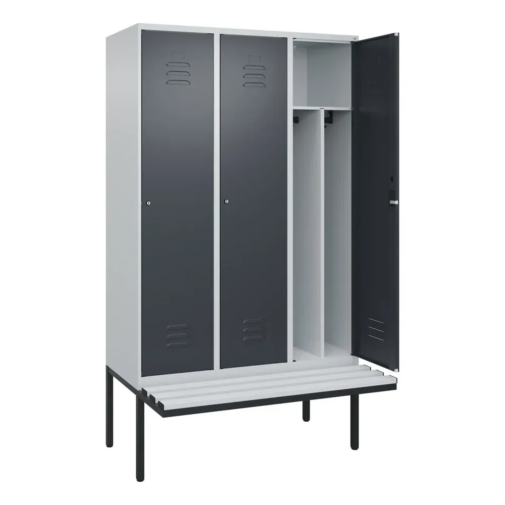 C+P Spind Classic PLUS, 3 Abteile, Trennwand, HxBxT 2.120 x 1.200 x 815 mm, Zylinderschloss, auskragende Bank aus Kunststoff, lichtgrau, anthrazitgrau