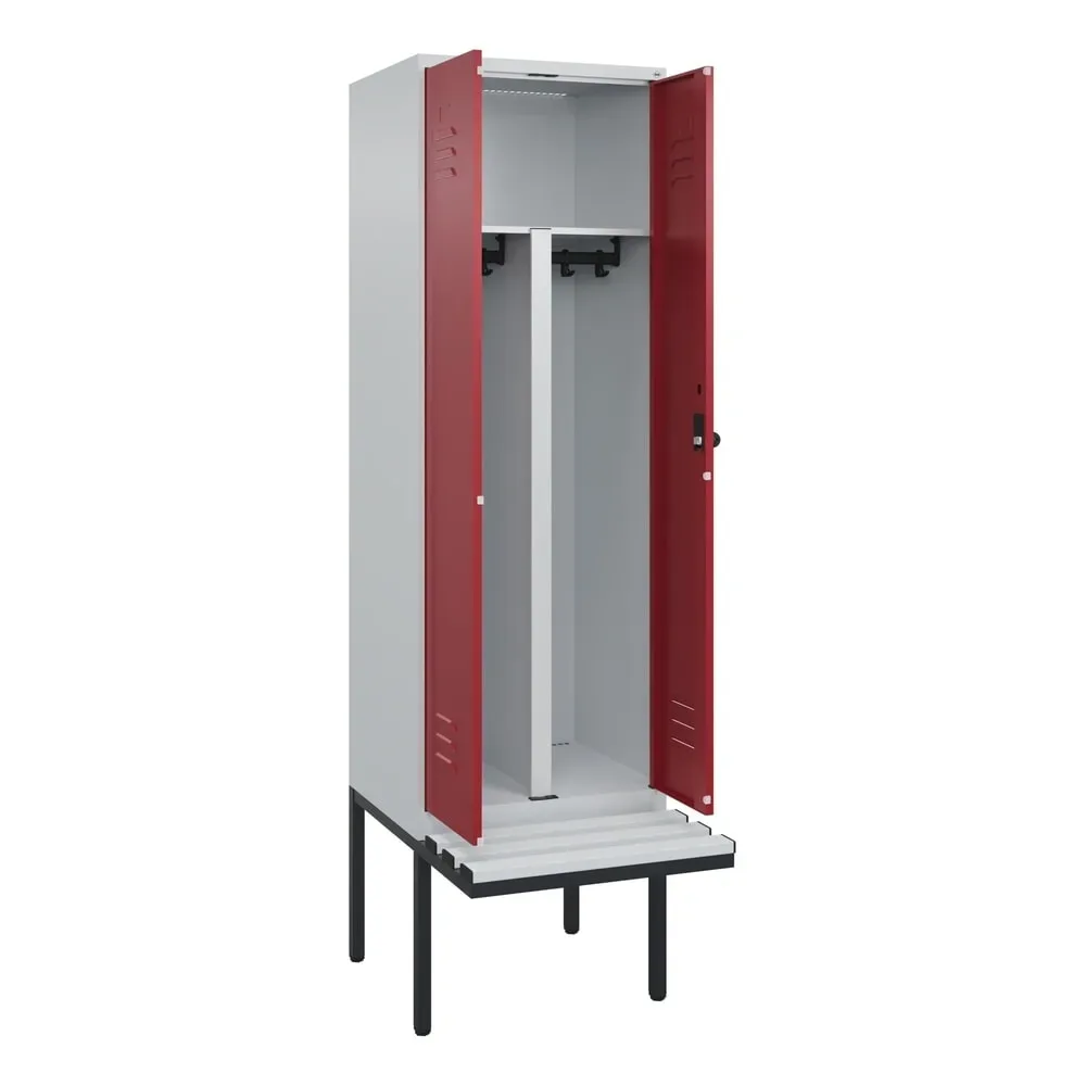 C+P PSA Doppel-Spind Classic PLUS, 2 Abteile, HxBxT 2.120 x 600 x 815 mm, für Vorhängeschloss, auskragende Bank aus Kunststoff, lichtgrau, rubinrot