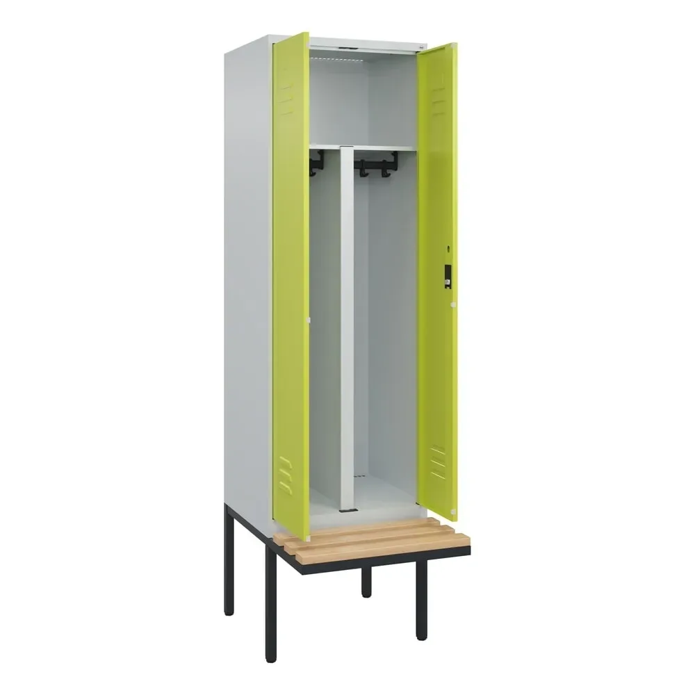 C+P PSA Doppel-Spind Classic PLUS, 2 Abteile, HxBxT 2.120 x 600 x 815 mm, Zylinderschloss, auskragende Bank aus Buche, lichtgrau, clowngrün