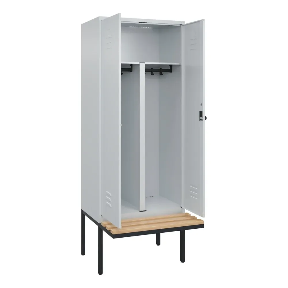 C+P PSA Doppel-Spind Classic PLUS, 2 Abteile, HxBxT 2.120 x 800 x 815 mm, für Vorhängeschloss, auskragende Bank aus Buche, lichtgrau, lichtgrau