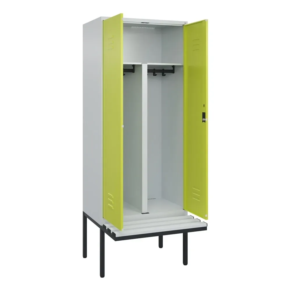 C+P PSA Doppel-Spind Classic PLUS, 2 Abteile, HxBxT 2.120 x 800 x 815 mm, Zylinderschloss, auskragende Bank aus Kunststoff, lichtgrau, clowngrün
