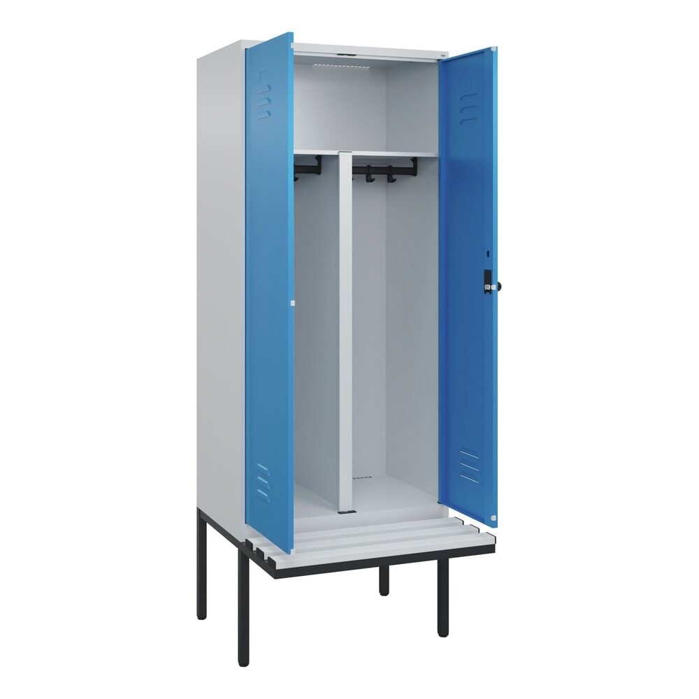 C+P PSA Doppel-Spind Classic PLUS, 2 Abteile, HxBxT 2.120 x 800 x 815 mm, für Vorhängeschloss, auskragende Bank aus Kunststoff, lichtgrau, lichtblau