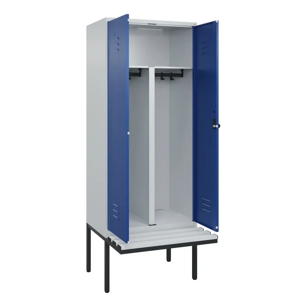 C+P PSA Doppel-Spind Classic PLUS, 2 Abteile, HxBxT 2.120 x 800 x 815 mm, für Vorhängeschloss, auskragende Bank aus Kunststoff, lichtgrau, enzianblau
