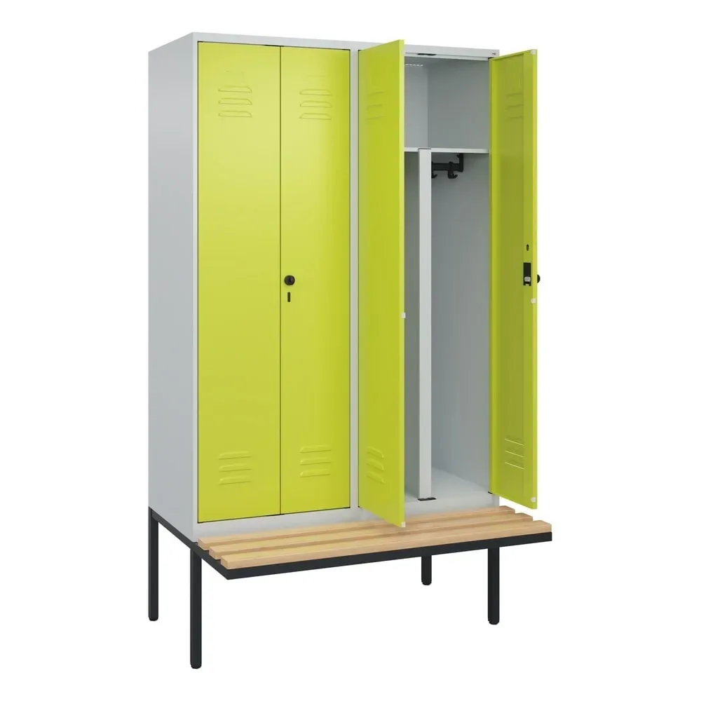 C+P PSA Doppel-Spind Classic PLUS, 4 Abteile, HxBxT 2.120 x 1.200 x 815 mm, für Vorhängeschloss, auskragende Bank aus Buche, lichtgrau, clowngrün