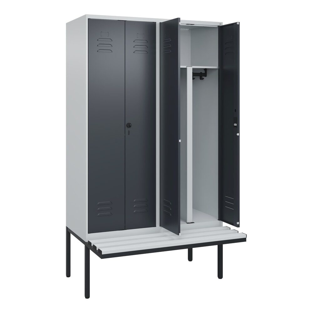 C+P PSA Doppel-Spind Classic PLUS, 4 Abteile, HxBxT 2.120 x 1.200 x 815 mm, Zylinderschloss, auskragende Bank aus Kunststoff, lichtgrau, anthrazitgrau
