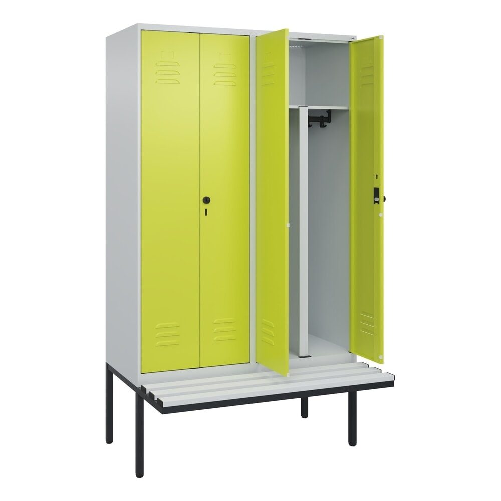 C+P PSA Doppel-Spind Classic PLUS, 4 Abteile, HxBxT 2.120 x 1.200 x 815 mm, für Vorhängeschloss, auskragende Bank aus Kunststoff, lichtgrau, clowngrün