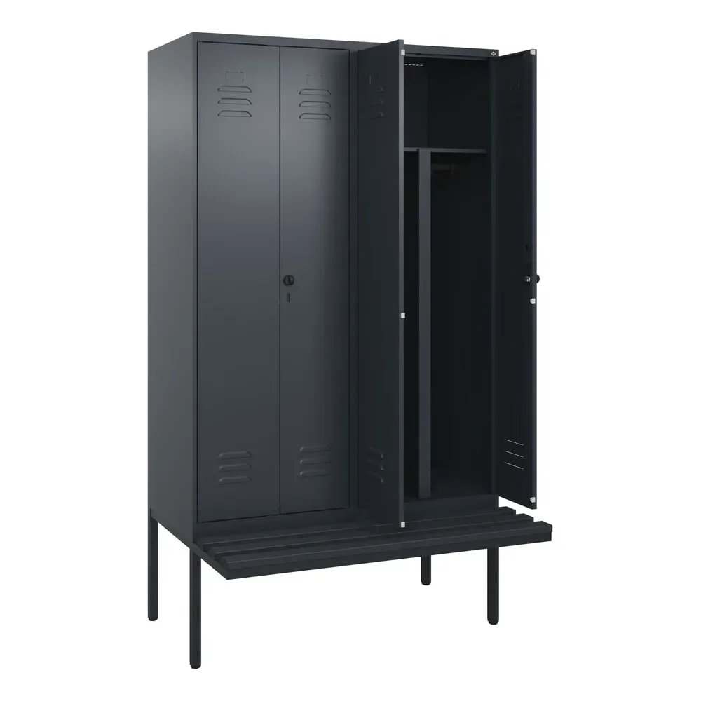 C+P PSA Doppel-Spind Classic PLUS, 4 Abteile, HxBxT 2.120 x 1.200 x 815 mm, für Vorhängeschloss, auskragende Bank aus Kunststoff, anthrazitgrau, anthrazitgrau