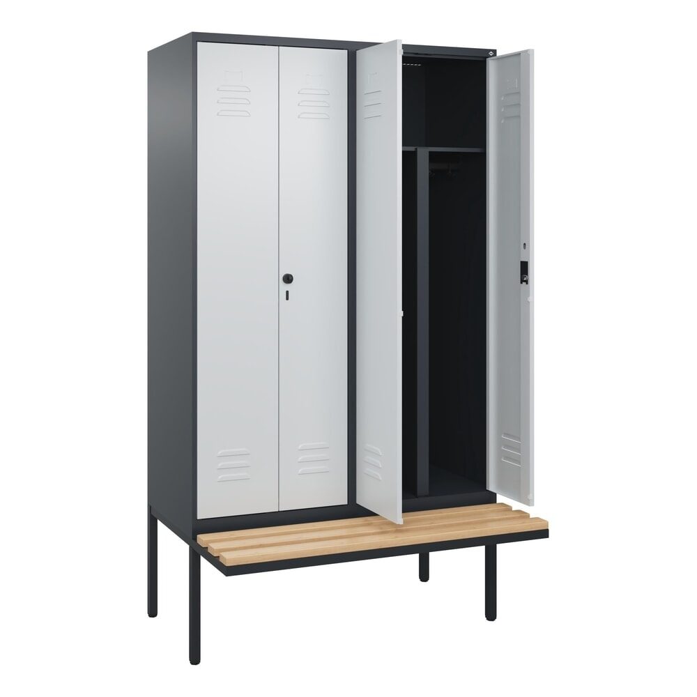 C+P PSA Doppel-Spind Classic PLUS, 4 Abteile, HxBxT 2.120 x 1.200 x 815 mm, Zylinderschloss, auskragende Bank aus Buche, anthrazitgrau, lichtgrau