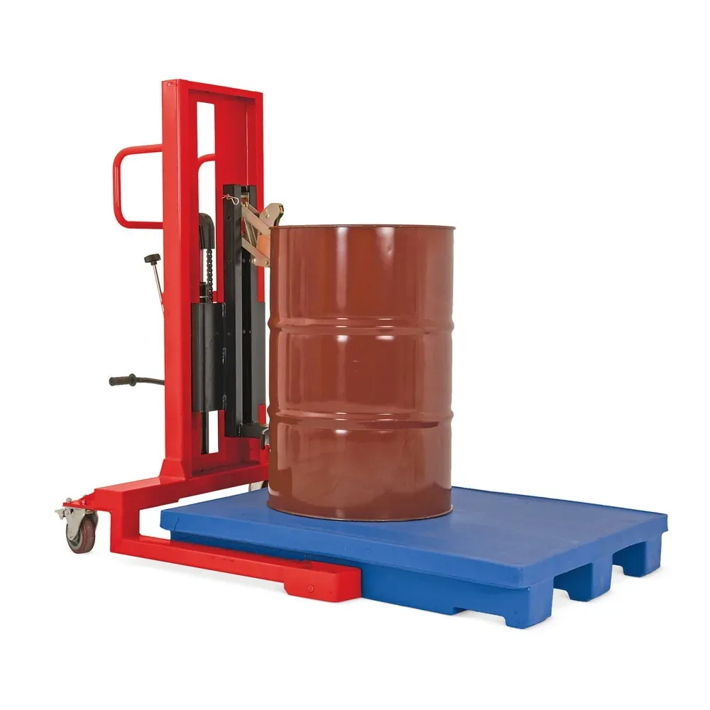 Fassheber mit Fusspedalhub, Frontalaufnahme, Hubhöhe 750 mm, TK 350 kg, RAL 3020 verkehrsrot
