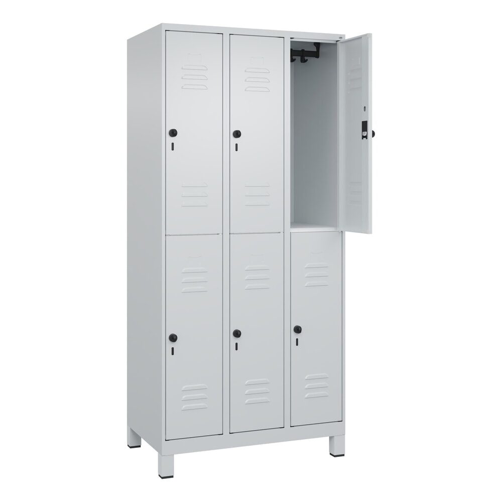 C+P Doppelstock-Spind Classic PLUS, Füsse, 3 Abteile, HxBxT 1.950 x 900 x 500 mm, lichtgrau, lichtgrau, 6 Fächer, für Vorhängeschloss