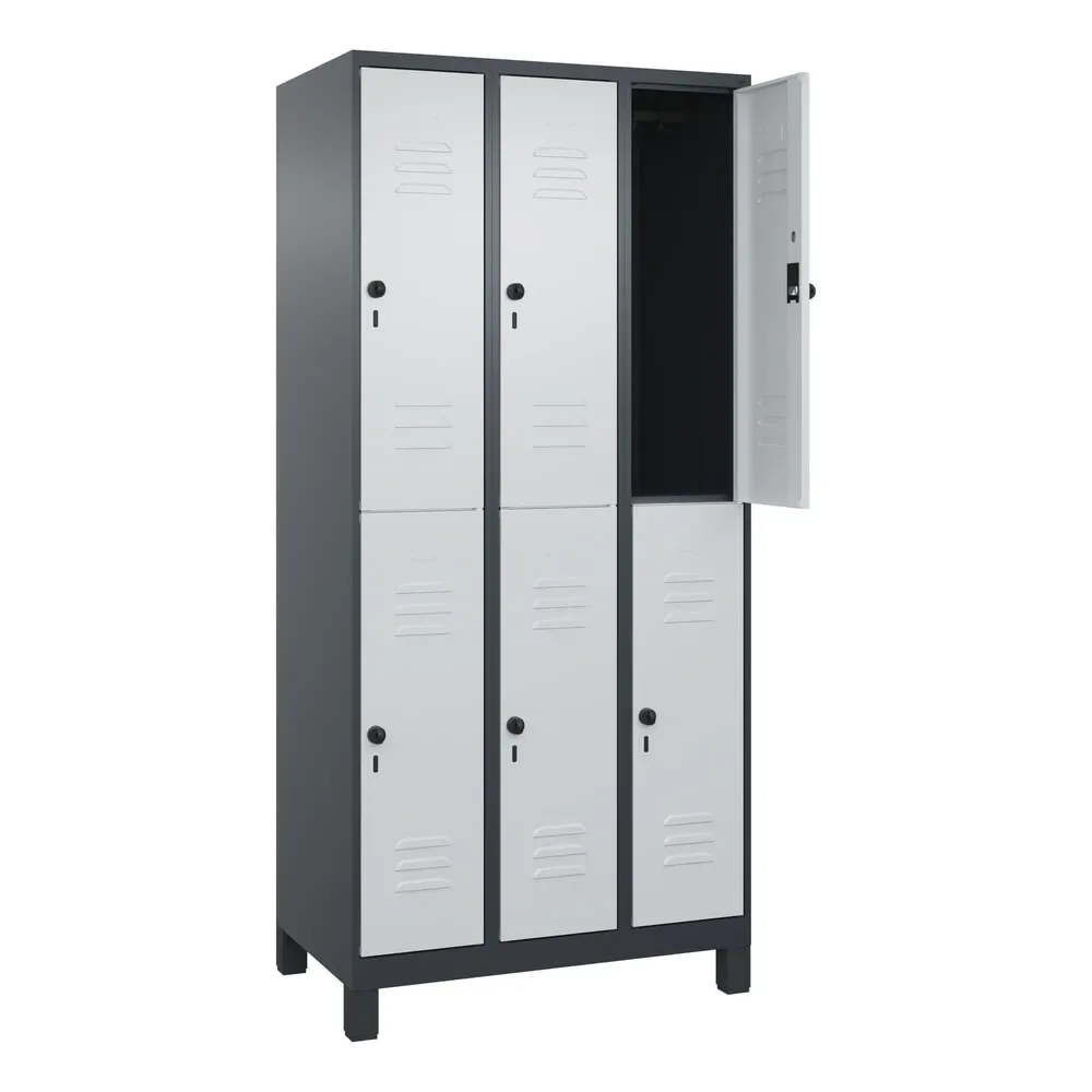 C+P Doppelstock-Spind Classic PLUS, Füsse, 3 Abteile, HxBxT 1.950 x 900 x 500 mm, anthrazitgrau, lichtgrau, 6 Fächer, für Vorhängeschloss