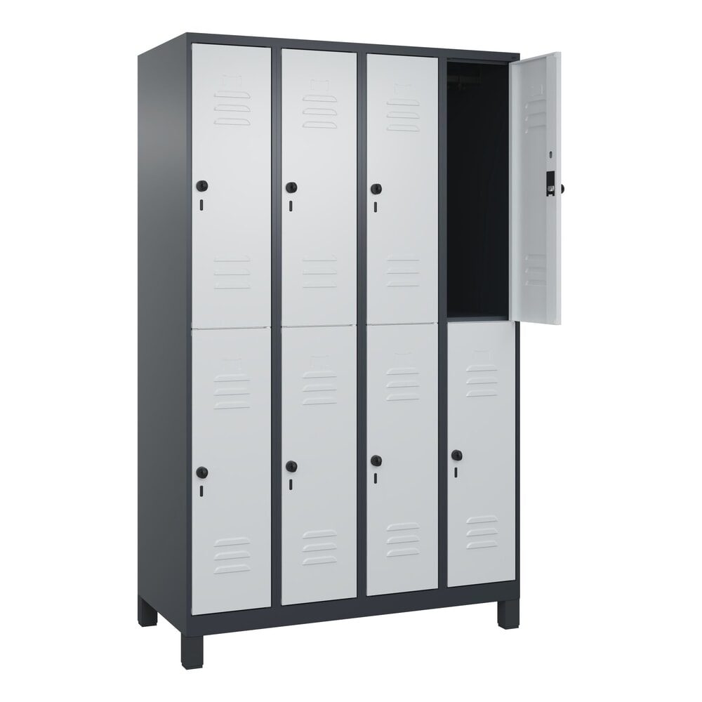 C+P Doppelstock-Spind Classic PLUS, Füsse, 4 Abteile, HxBxT 1.950 x 1.200 x 500 mm, anthrazitgrau, lichtgrau, 8 Fächer, für Vorhängeschloss