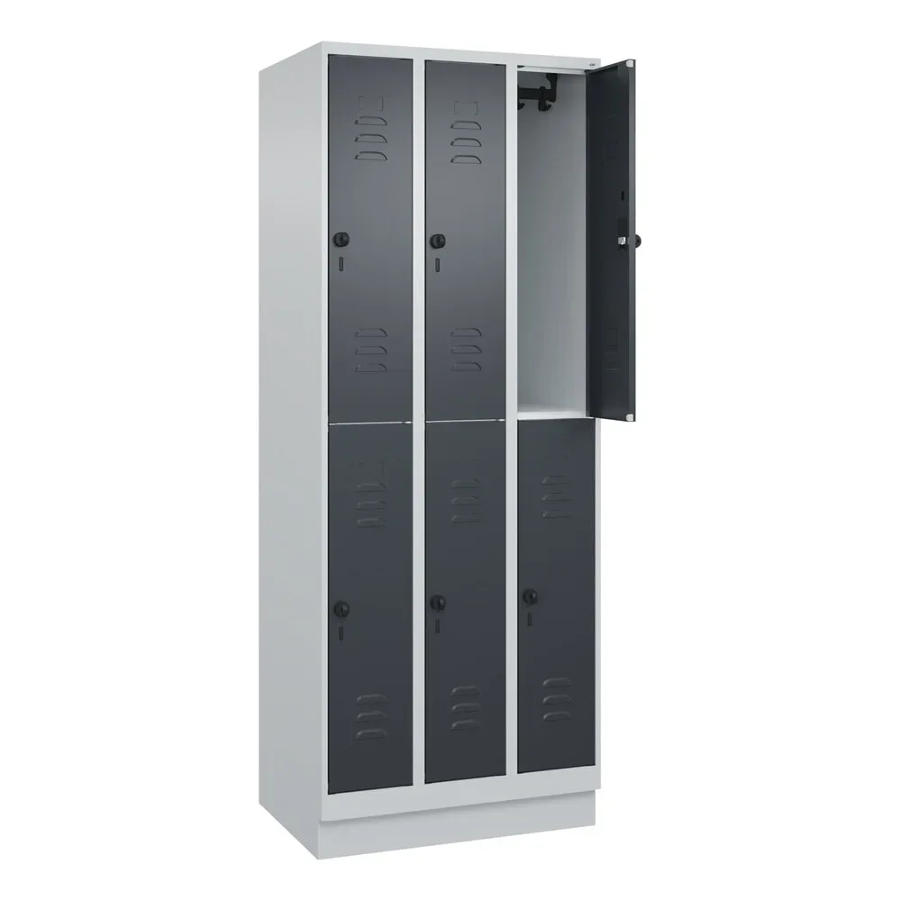 C+P Doppelstock-Spind Classic PLUS, Sockel, 3 Abteile, HxBxT 1.950 x 750 x 500 mm, lichtgrau, anthrazitgrau, 6 Fächer, für Vorhängeschloss