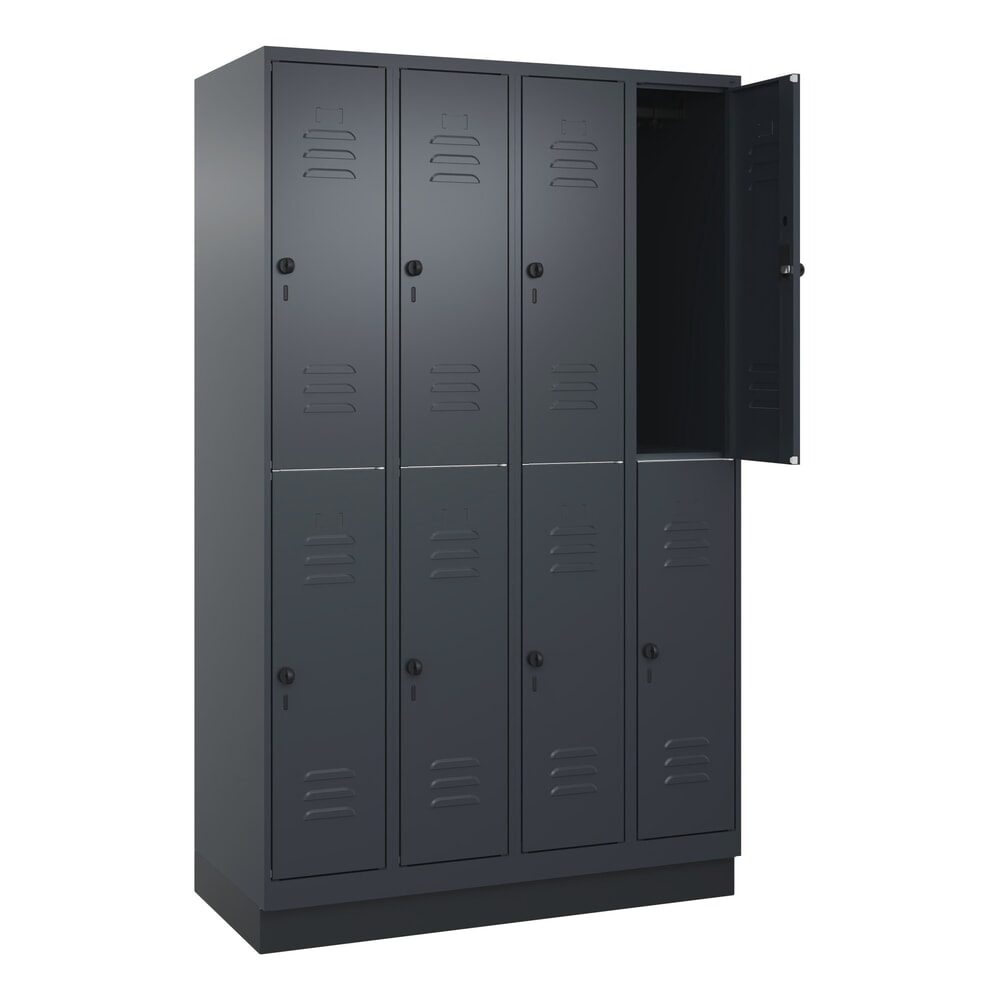 Doppelstock-Spind Classic PLUS, 4 Abteile, grau, HxB 1950 x 1200 mm, mit Bodensockel, Drehriegel C+P