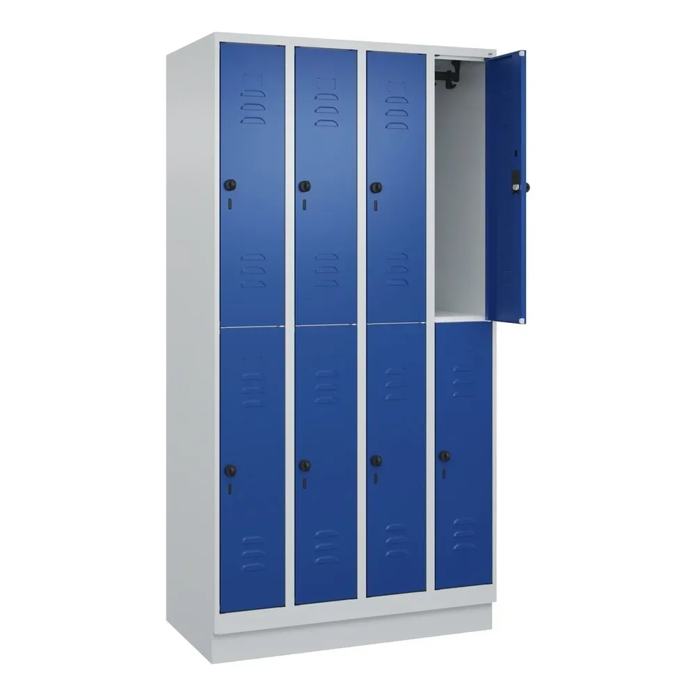 C+P Doppelstock-Spind Classic PLUS, Sockel, 4 Abteile, HxBxT 1.950 x 1.000 x 500 mm, lichtgrau, enzianblau, 8 Fächer, für Vorhängeschloss