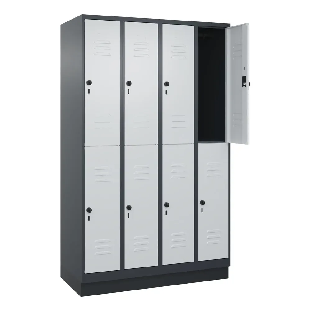 C+P Doppelstock-Spind Classic PLUS, Sockel, 4 Abteile, HxBxT 1.950 x 1.200 x 500 mm, anthrazitgrau, lichtgrau, 8 Fächer, für Vorhängeschloss