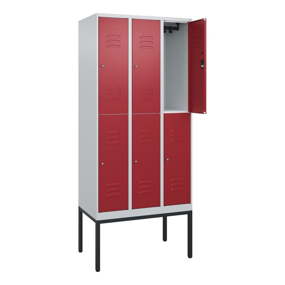 C+P Doppelstock-Spind Classic PLUS, Gestell, 3 Abteile, HxBxT 2.120 x 900 x 500 mm, lichtgrau, rubinrot, Zylinderschloss, 6 Fächer
