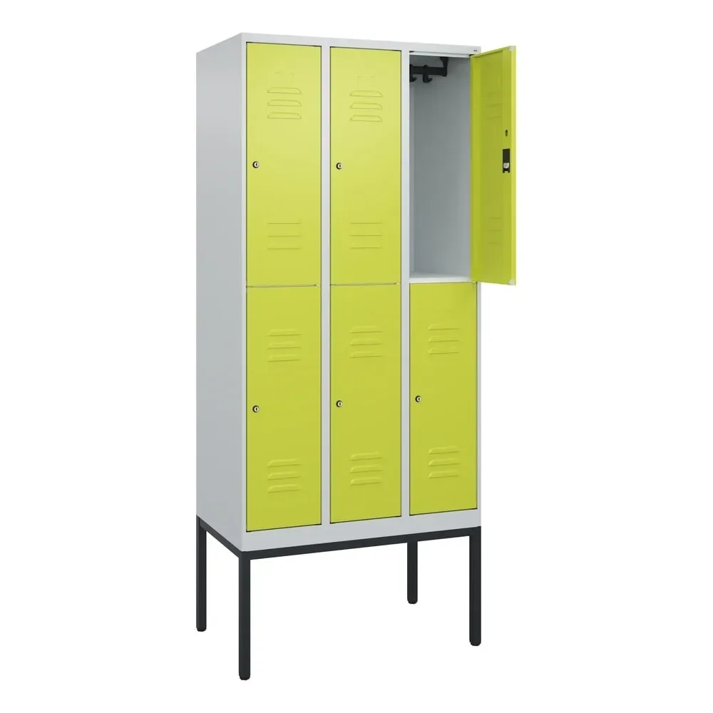 C+P Doppelstock-Spind Classic PLUS, Gestell, 3 Abteile, HxBxT 2.120 x 900 x 500 mm, lichtgrau, clowngrün, Zylinderschloss, 6 Fächer