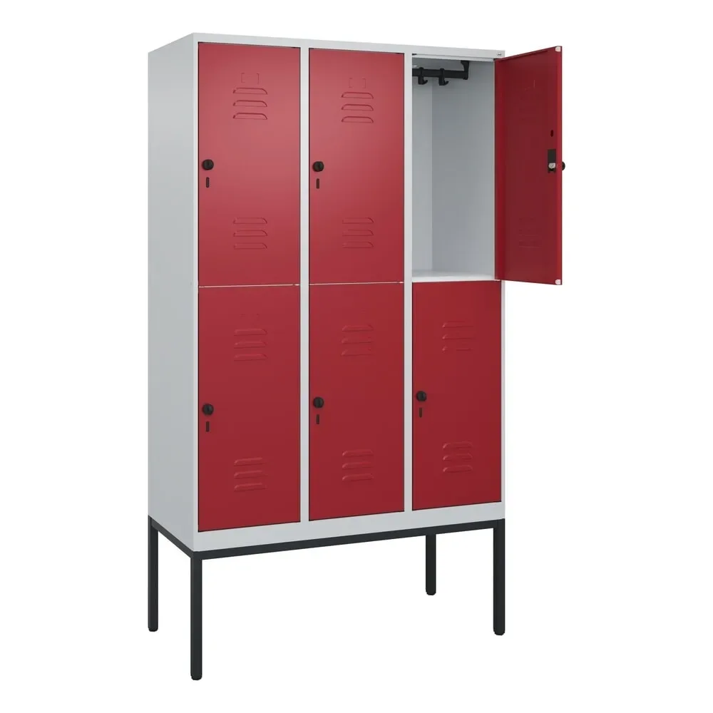 C+P Doppelstock-Spind Classic PLUS, Gestell, 3 Abteile, HxBxT 2.120 x 1.200 x 500 mm, lichtgrau, rubinrot, für Vorhängeschloss, 6 Fächer