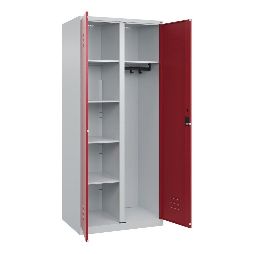 C+P Wäsche-, Garderobenspind Classic PLUS, 2 Abteile, HxBxT 1.850 x 800 x 500 mm, lichtgrau, rubinrot, Zylinderschloss