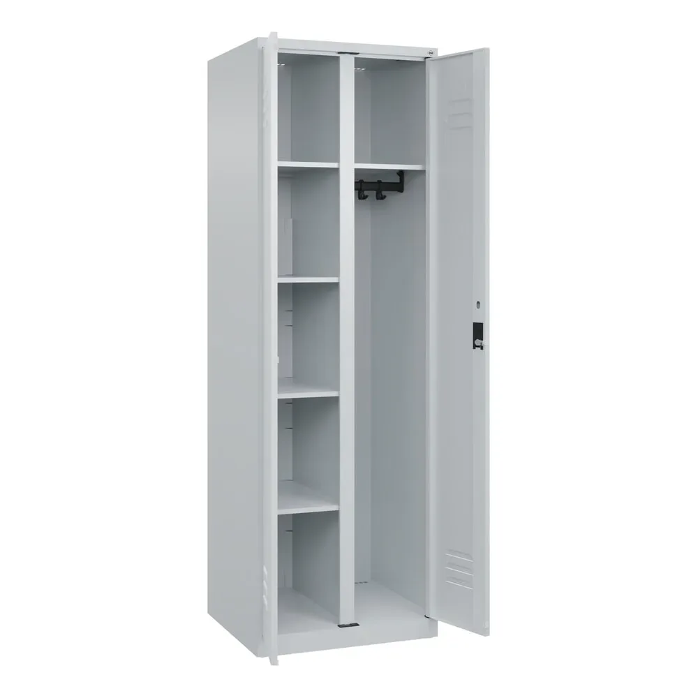 Putzmittelspind Classic PLUS, 1 Abteil, Trennwand mittig, lichtgrau, B 600 mm, mit Bodengleitern, Zylinderschloss C+P