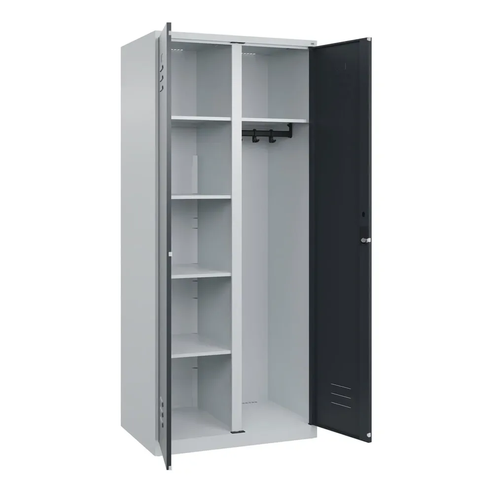 Putzmittelspind Classic PLUS, 1 Abteil, Trennwand mittig, lichtgrau / grau, B 800 mm, mit Bodengleitern, Zylinderschloss C+P