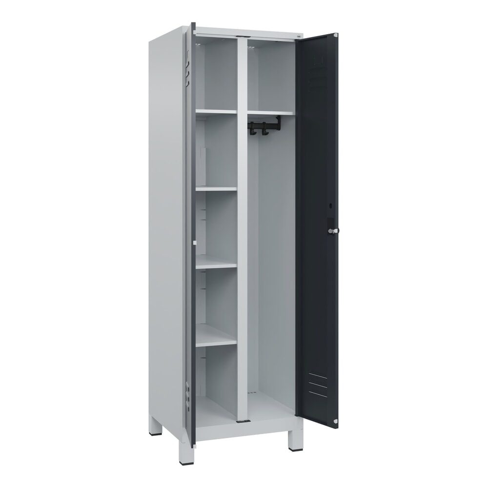 C+P Mehrzweck-Putzmittelschrank Classic PLUS, Füsse, 2 Abteile, HxBxT 1.950 x 600 x 500 mm, lichtgrau, anthrazitgrau, für Vorhängeschloss