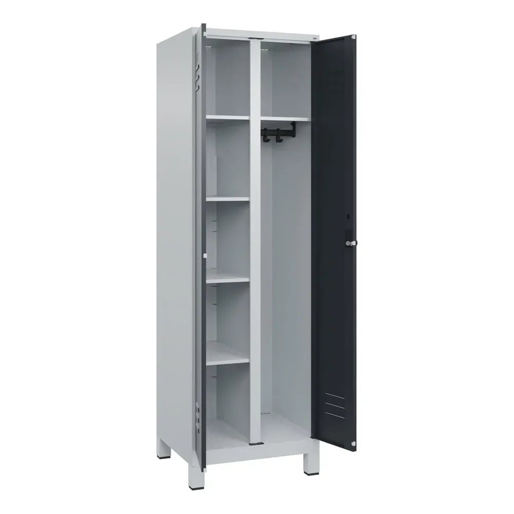 C+P Mehrzweck-Putzmittelschrank Classic PLUS, Füsse, 2 Abteile, HxBxT 1.950 x 600 x 500 mm, lichtgrau, anthrazitgrau, für Vorhängeschloss