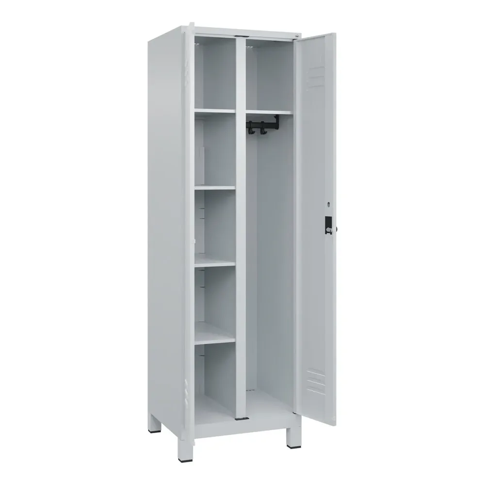 Putzmittelspind Classic PLUS, 1 Abteil, Trennwand mittig, lichtgrau, B 600 mm, mit Füßen, Drehriegel C+P
