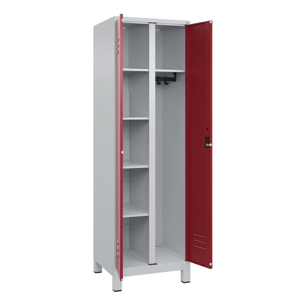 C+P Mehrzweck-Putzmittelschrank Classic PLUS, Füsse, 2 Abteile, HxBxT 1.950 x 600 x 500 mm, lichtgrau, rubinrot, Zylinderschloss