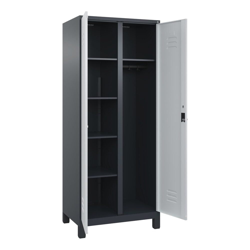 C+P Mehrzweck-Putzmittelschrank Classic PLUS, Füsse, 2 Abteile, HxBxT 1.950 x 800 x 500 mm, anthrazitgrau, lichtgrau, für Vorhängeschloss
