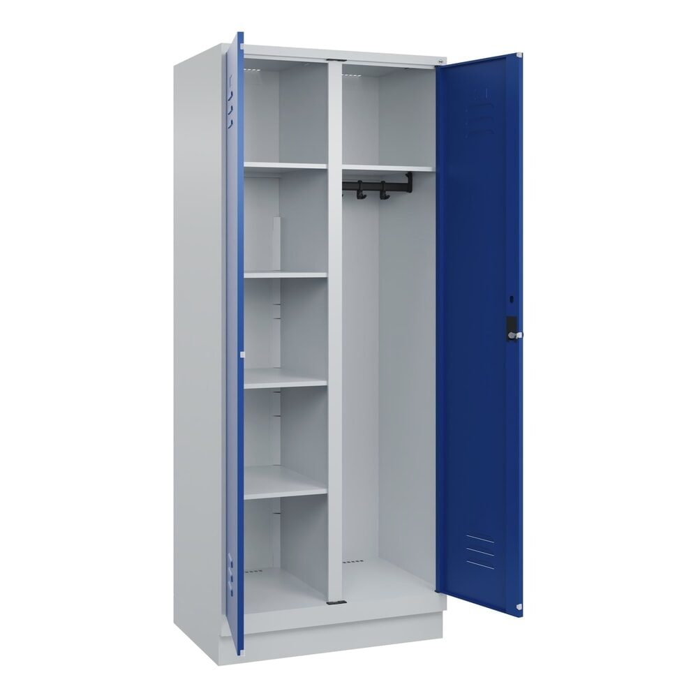 C+P Mehrzweck-Putzmittelschrank Classic PLUS, Sockel, 2 Abteile, HxBxT 1.950 x 800 x 500 mm, lichtgrau, enzianblau, für Vorhängeschloss