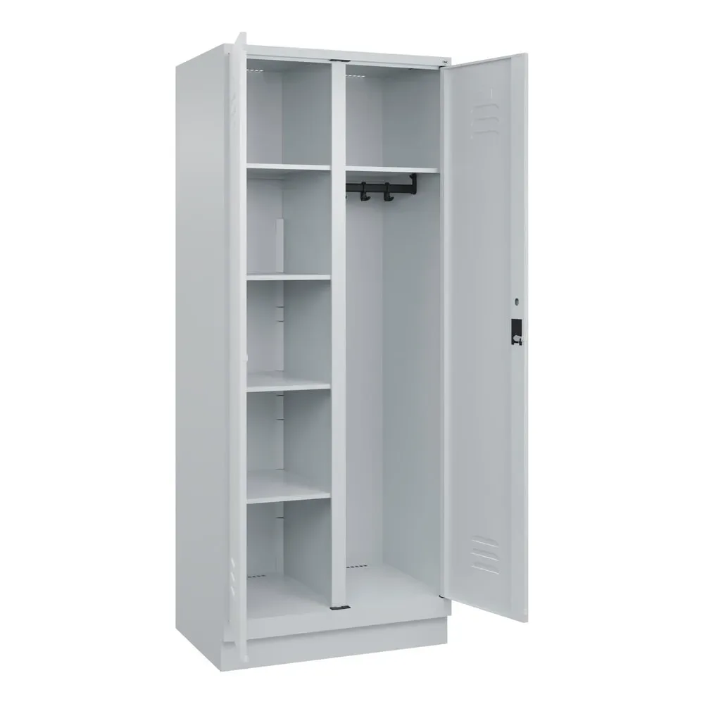 Putzmittelspind Classic PLUS, 1 Abteil, Trennwand mittig, lichtgrau, B 800 mm, mit Bodensockel, Zylinderschloss C+P