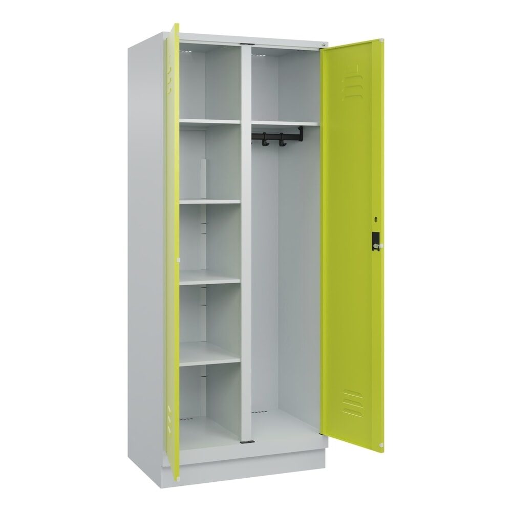 C+P Mehrzweck-Putzmittelschrank Classic PLUS, Sockel, 2 Abteile, HxBxT 1.950 x 800 x 500 mm, lichtgrau, clowngrün, Zylinderschloss
