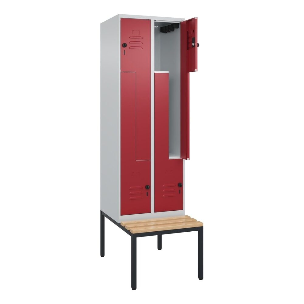 C+P Z-Spind Classic PLUS, 4 Abteile, HxBxT 2.120 x 600 x 815 mm, für Vorhängeschloss, untergebaute Bank aus Buche, lichtgrau, rubinrot
