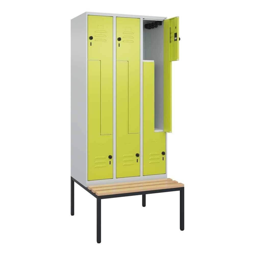C+P Z-Spind Classic PLUS, 6 Abteile, HxBxT 2.120 x 900 x 815 mm, für Vorhängeschloss, untergebaute Bank aus Buche, lichtgrau, clowngrün