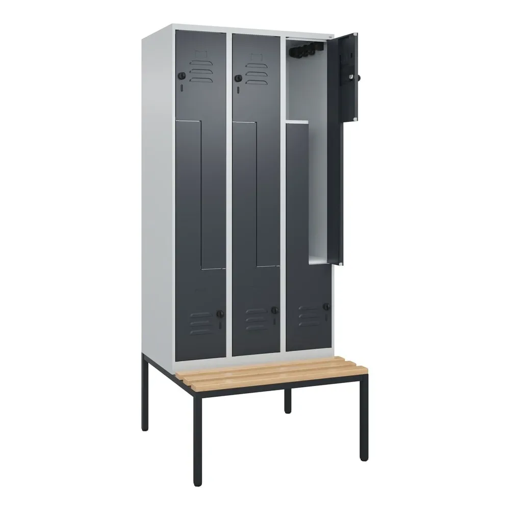 Z-Spind Classic PLUS Sitzbank, 3 Abteile, lichtgrau / grau, B 900 mm, Sicherheits-Drehriegel, untergebaut, Buche-Hartholz C+P