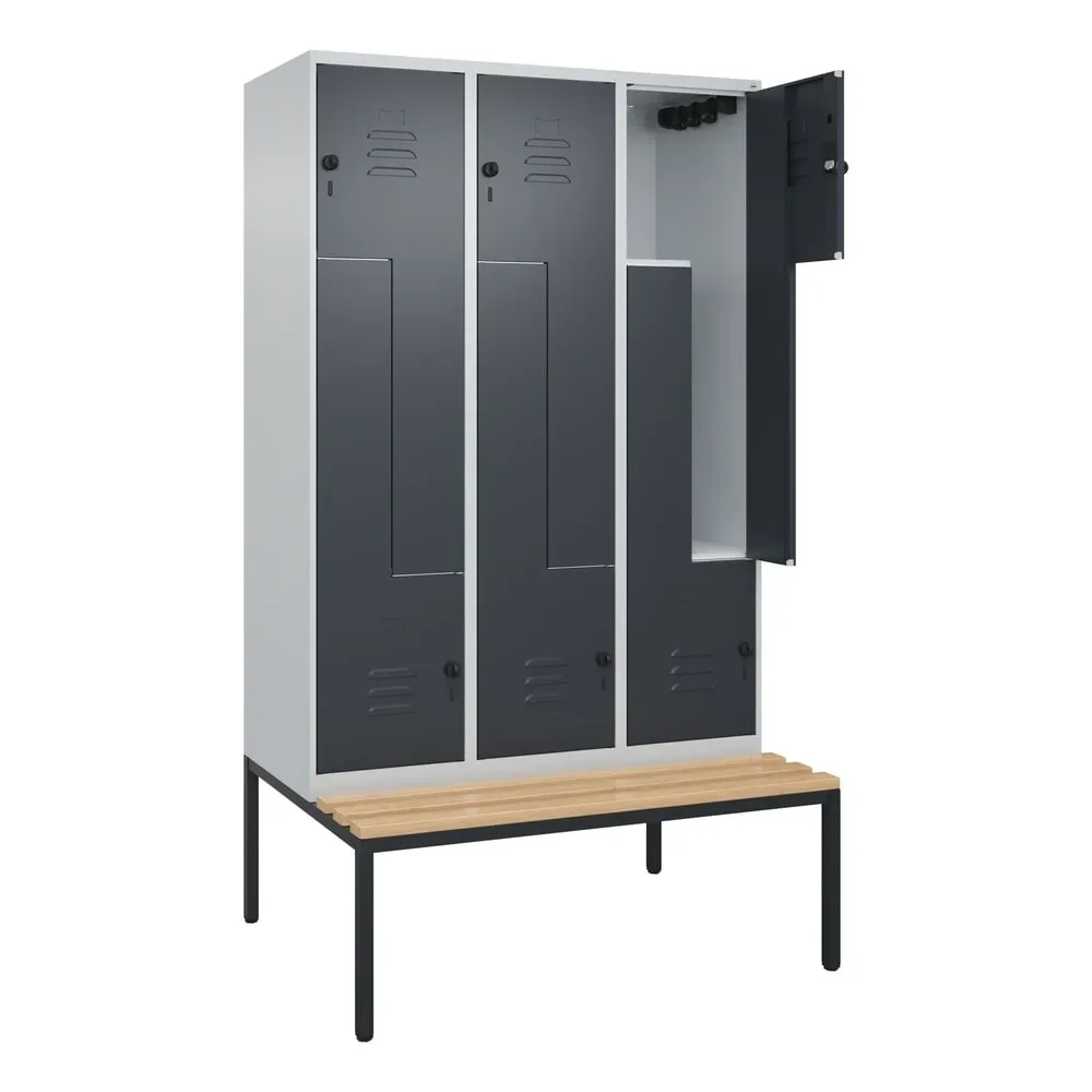 Z-Spind Classic PLUS Sitzbank, 3 Abteile, lichtgrau / grau, B 1200 mm, Sicherheits-Drehriegel, untergebaut, Buche-Hartholz C+P