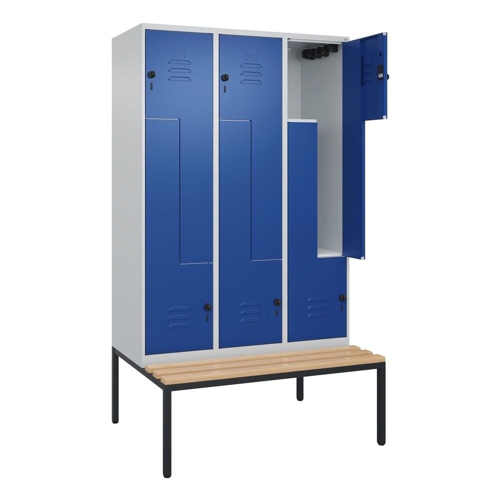 Z-Spind Classic PLUS Sitzbank, 3 Abteile, lichtgrau / enzianblau, B 1200 mm, Sicherheits-Drehriegel, untergebaut, Buche-Hartholz C+P