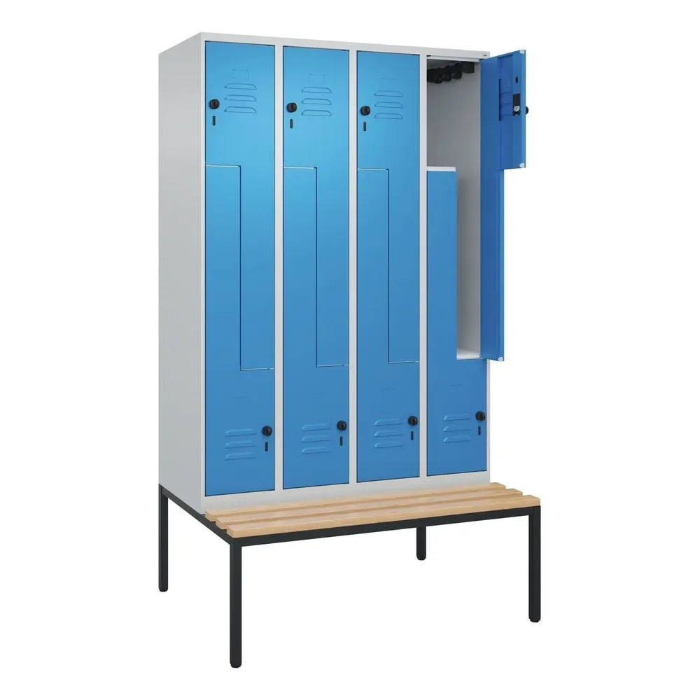 Z-Spind Classic PLUS Sitzbank, 4 Abteile, lichtgrau / lichtblau, B 1200 mm, Sicherheits-Drehriegel, untergebaut, Buche-Hartholz C+P