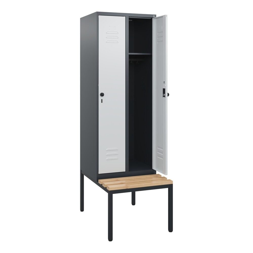 C+P Spind Classic PLUS, 2 Abteile, HxBxT 1.950 x 600 x 815 mm, für Vorhängeschloss, untergebaute Bank aus Buche, anthrazitgrau, lichtgrau