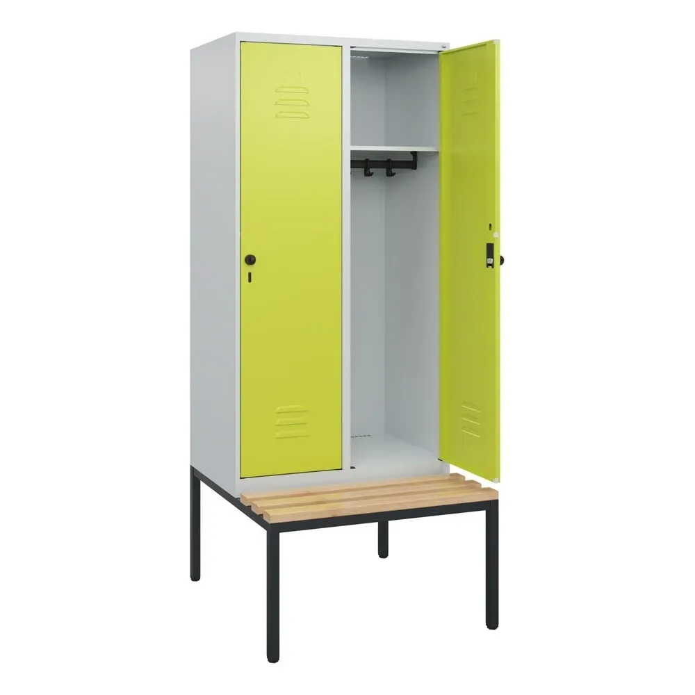 C+P Spind Classic PLUS, 2 Abteile, HxBxT 1.950 x 800 x 815 mm, für Vorhängeschloss, untergebaute Bank aus Buche, lichtgrau, clowngrün