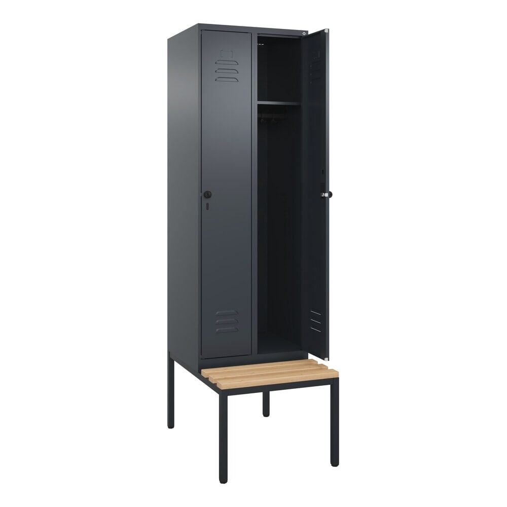 Spind Classic PLUS Sitzbank, 2 Abteile, grau, B 600 mm, Sicherheits-Drehriegel, untergebaut, Buche-Hartholz C+P