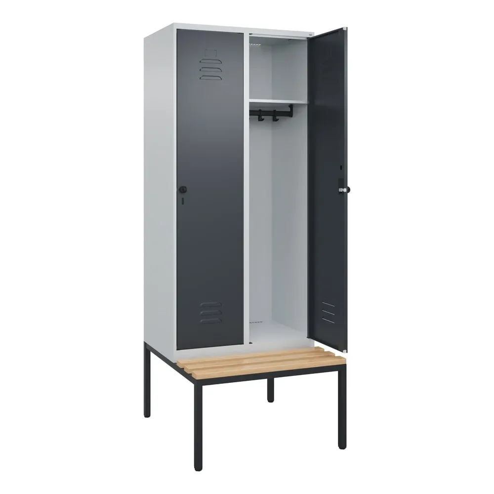 Spind Classic PLUS Sitzbank, 2 Abteile, lichtgrau / grau, B 800 mm, Sicherheits-Drehriegel, untergebaut, Buche-Hartholz C+P
