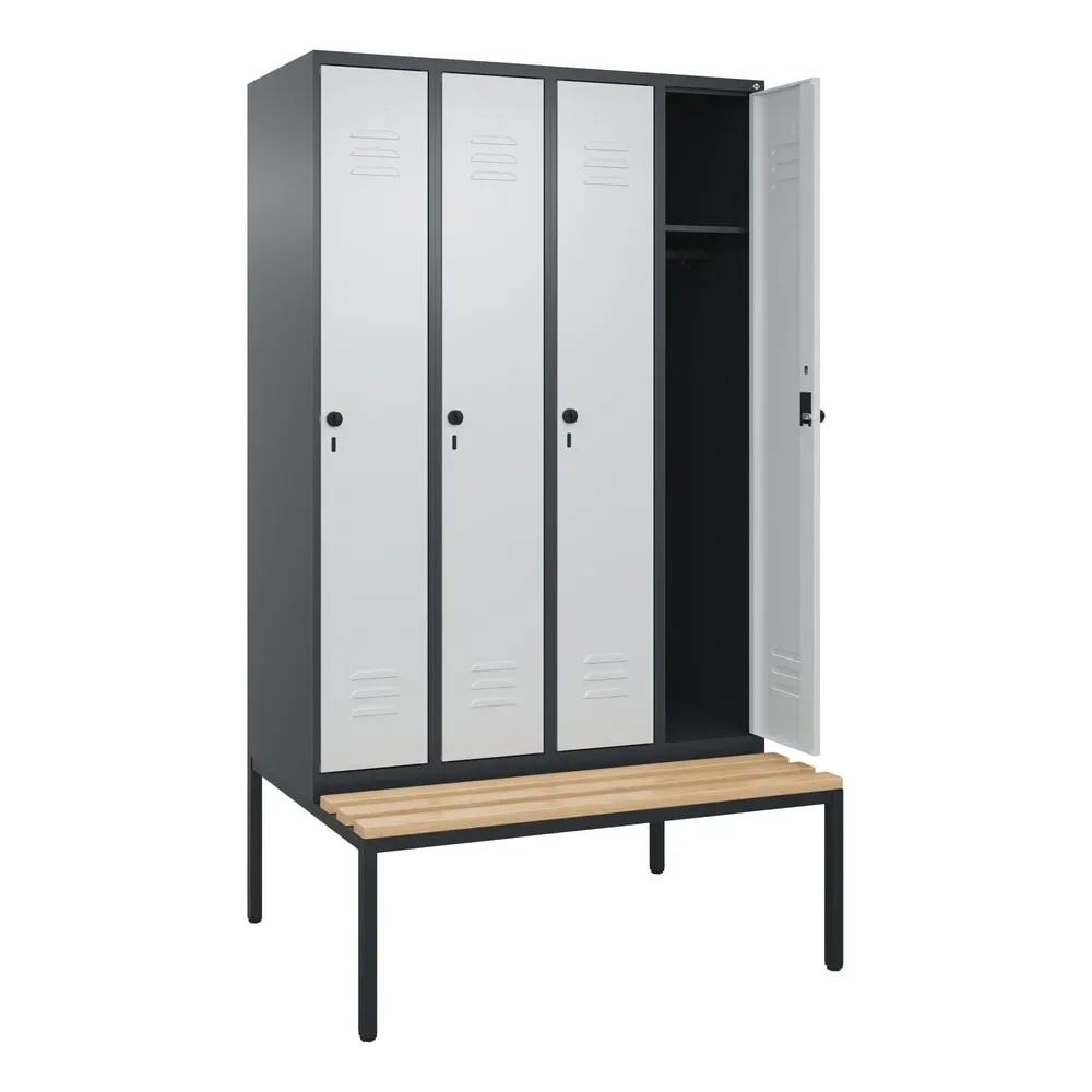 C+P Spind Classic PLUS, 4 Abteile, HxBxT 2.120 x 1.200 x 815 mm, für Vorhängeschloss, untergebaute Bank aus Buche, anthrazitgrau, lichtgrau