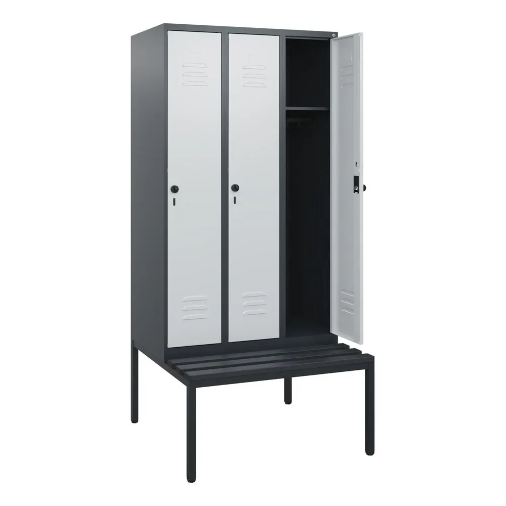 C+P Spind Classic PLUS, 3 Abteile, HxBxT 1.950 x 900 x 815 mm, für Vorhängeschloss, untergebaute Bank aus Kunststoff, anthrazitgrau, lichtgrau