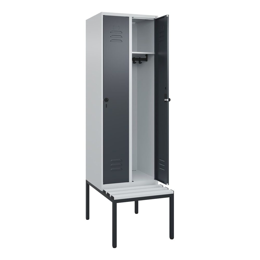 C+P Spind Classic PLUS, 2 Abteile, HxBxT 2.120 x 600 x 815 mm, für Vorhängeschloss, untergebaute Bank aus Kunststoff, lichtgrau, anthrazitgrau