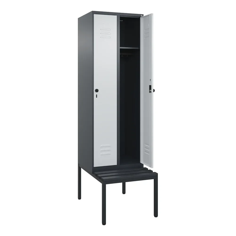 C+P Spind Classic PLUS, 2 Abteile, HxBxT 2.120 x 600 x 815 mm, für Vorhängeschloss, untergebaute Bank aus Kunststoff, anthrazitgrau, lichtgrau